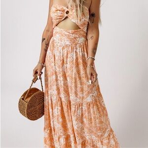 Strapless Floral Orange and White cut out Maxi Dress
